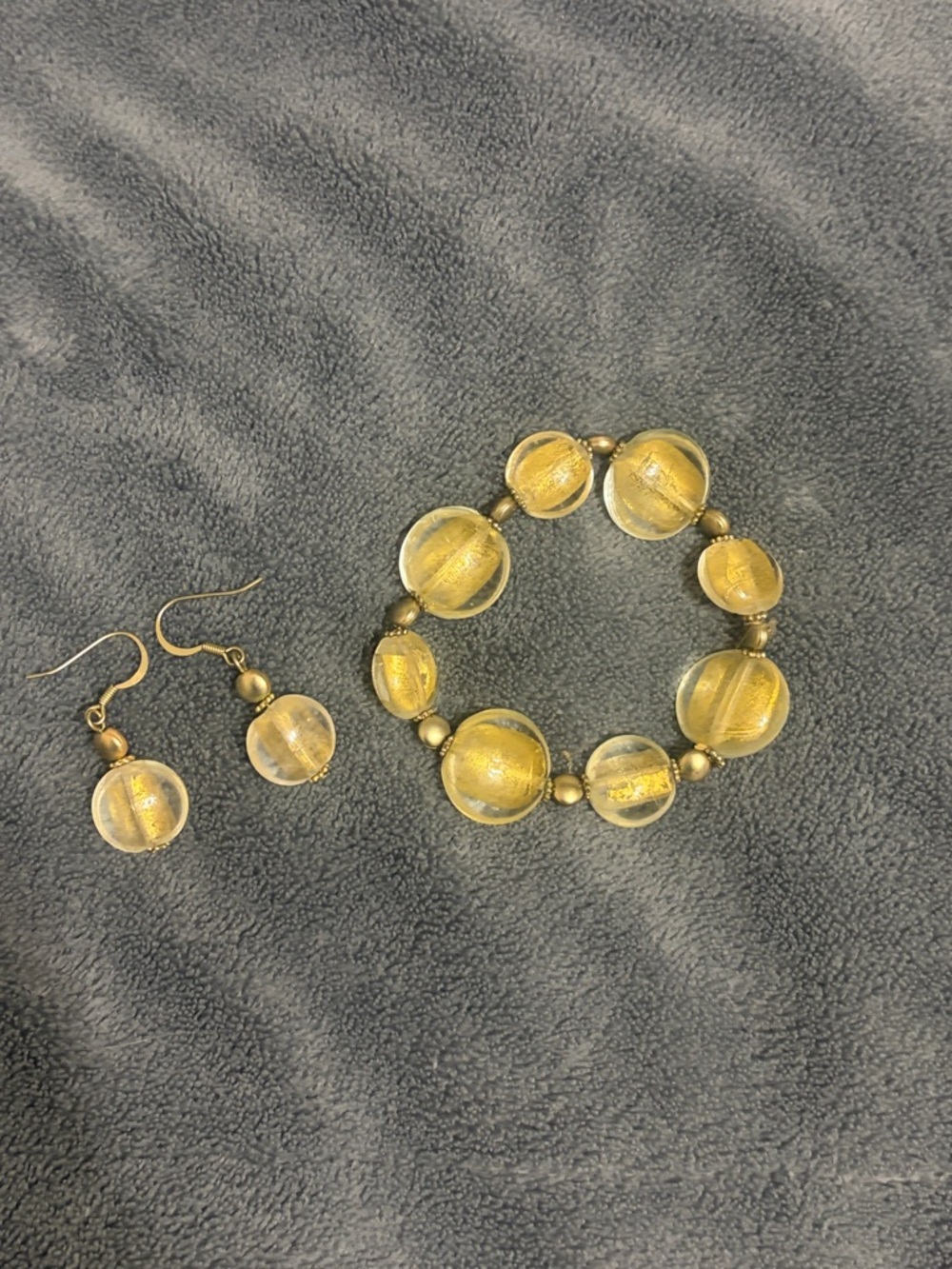 Gold Glass Bead Bracelet and Dangle Earrings Set